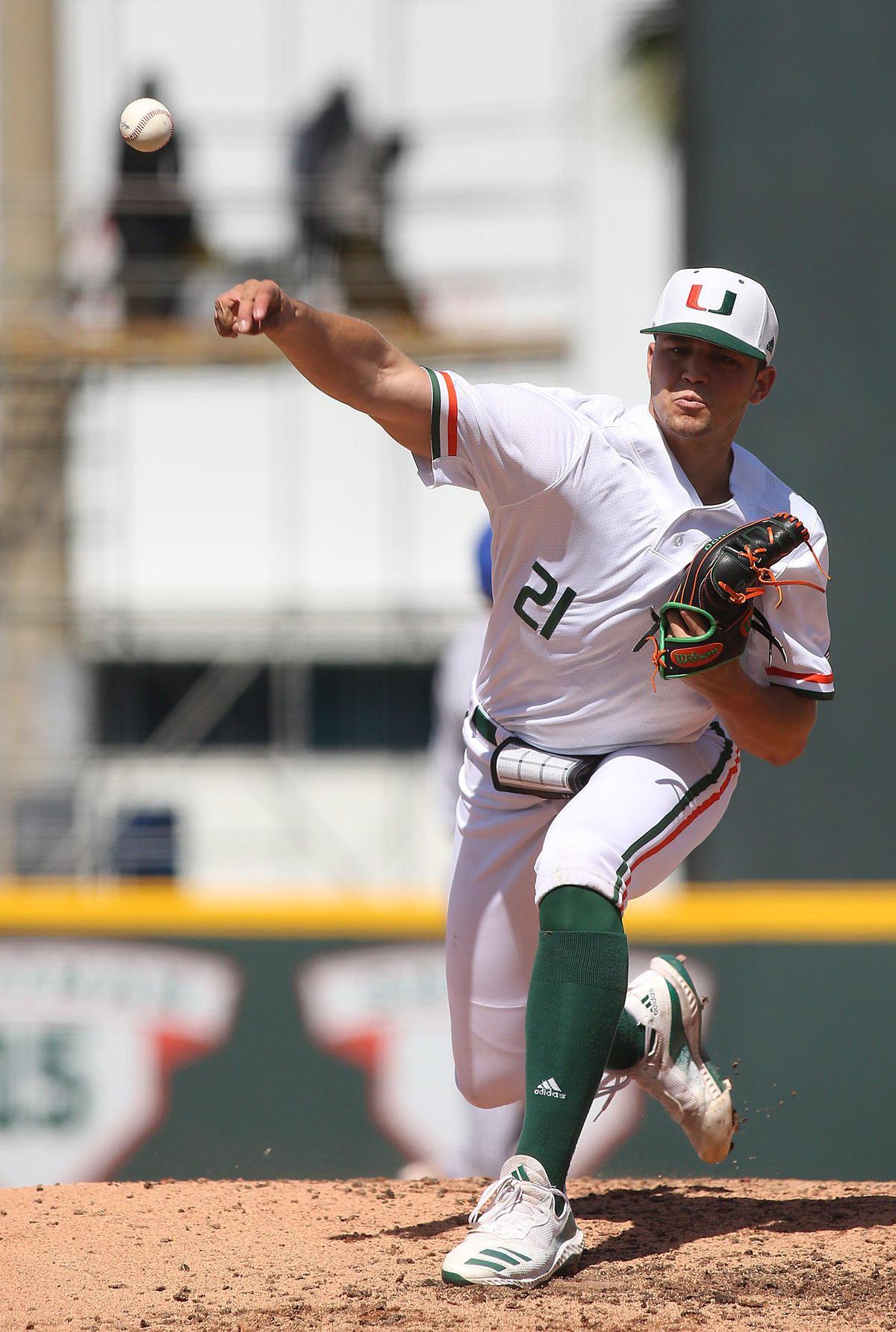 UM Hurricanes pitcher Slade Cecconi (21) pitches against University of Florida Gators during the final game of a three-game series against the University of Florida Gators on Sunday, February 23, 2020 at Alex Rodriguez Park at Mark Light Field in Coral Gables