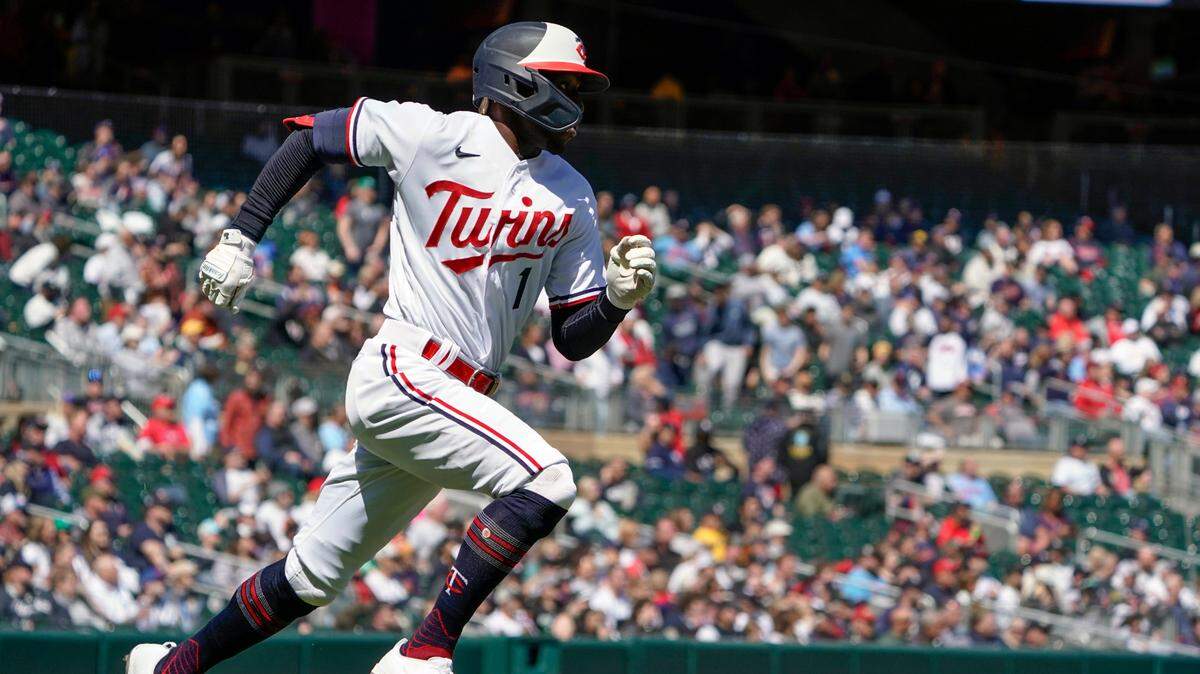 Apr 26, 2023; Minneapolis, Minnesota, USA; Minnesota Twins infielder Nick Gordon (1) heads to first on an eventual triple against the New York Yankees during the seventh inning at Target Field.