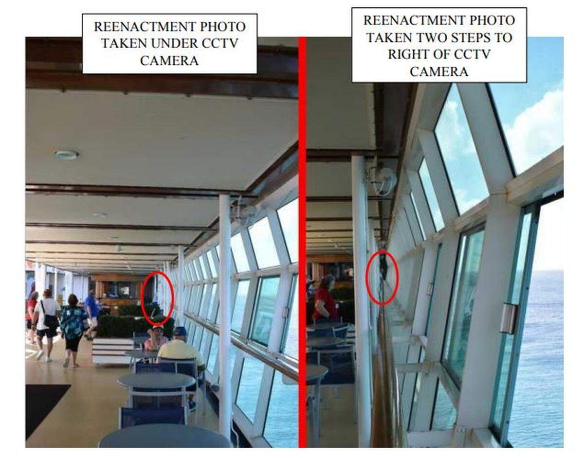 From a federal court filing by attorneys for Chloe Wiegand’s parents, a comparison of viewing angles of the Freedom of the Seas window out of which Chloe fell to her death in July.