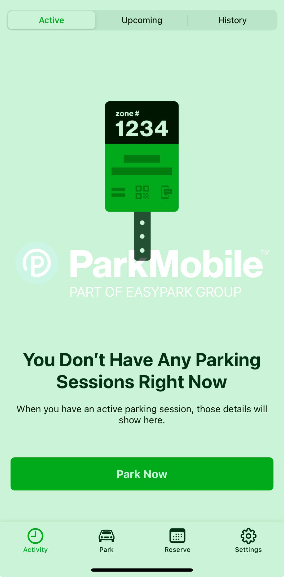 Captura de pantalla de una página de activación de ParkMobile en la aplicación.