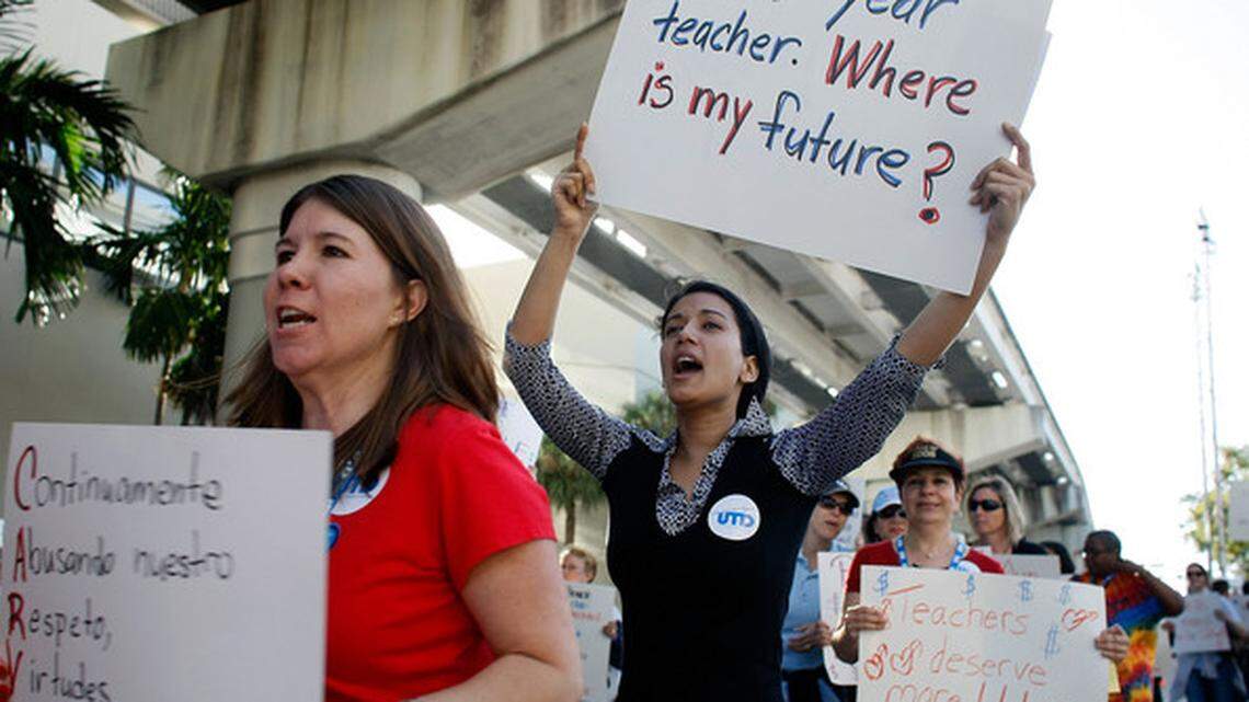 Miami-Dade teachers staged a demonstration seeking higher salaries earlier this year.