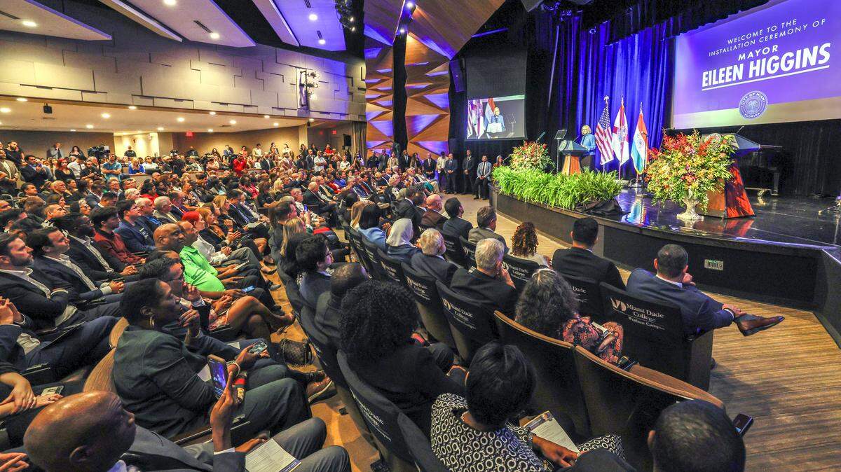 Eileen Higgins speaks during the installation ceremony as the Mayor of the City of Miami at the Miami-Dade College Wolfson Campus Auditorium in Miami, Florida, on Thursday, December 18, 2025. 