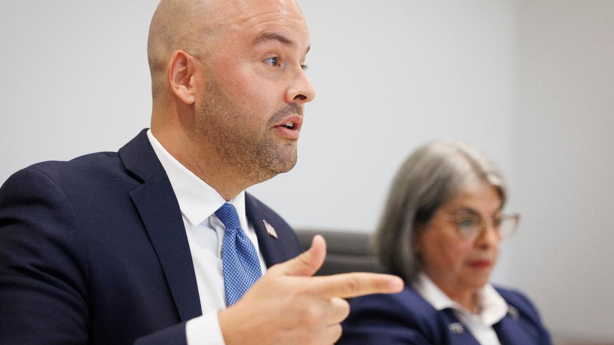 Manny Cid, then-Miami Lakes mayor, left, and Miami-Dade Mayor Daniella Levine-Cava spoke to the Miami Herald Editorial Board about the election July 17, 2024 at the Miami Herald office in Miami.
