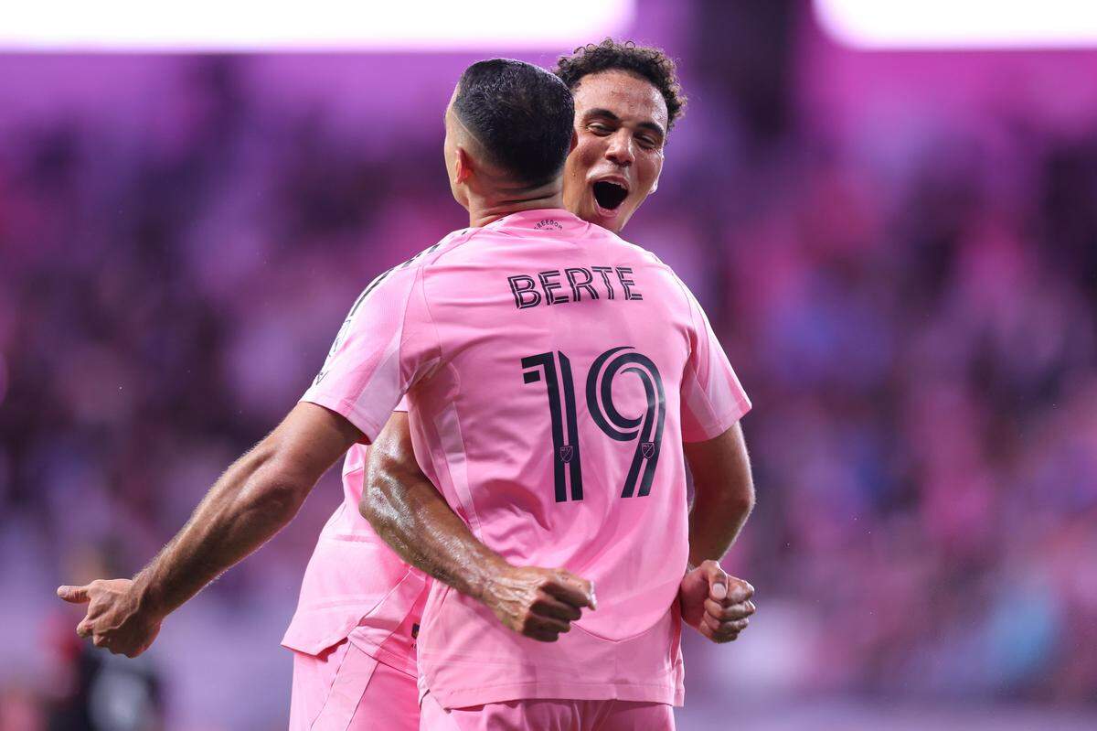 MIAMI, FLORIDA - APRIL 11: Germán Berterame #19 of the Inter Miami CF celebrates his second half goal against the New York Red Bulls with teammate Ian Fray #17 at Nu Stadium on April 11, 2026 in Miami, Florida. (Photo by Megan Briggs/Getty Images)