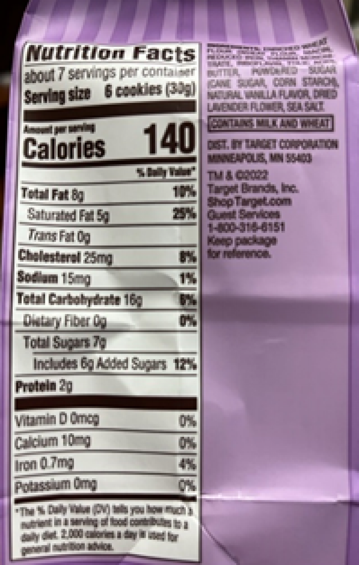 The rear of the Favorite Day Lavender Shortbread cookies, where the ingredients and allergens are listed.