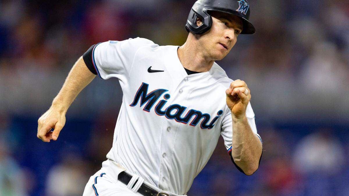 Miami Marlins base runner Joey Wendle (44) runs to first after hitting a ground ball to left field during the eighth inning of an MLB game against the Kansas City Royals at loanDepot park in the Little Havana neighborhood of Miami, Florida, on Tuesday, June 6, 2023.