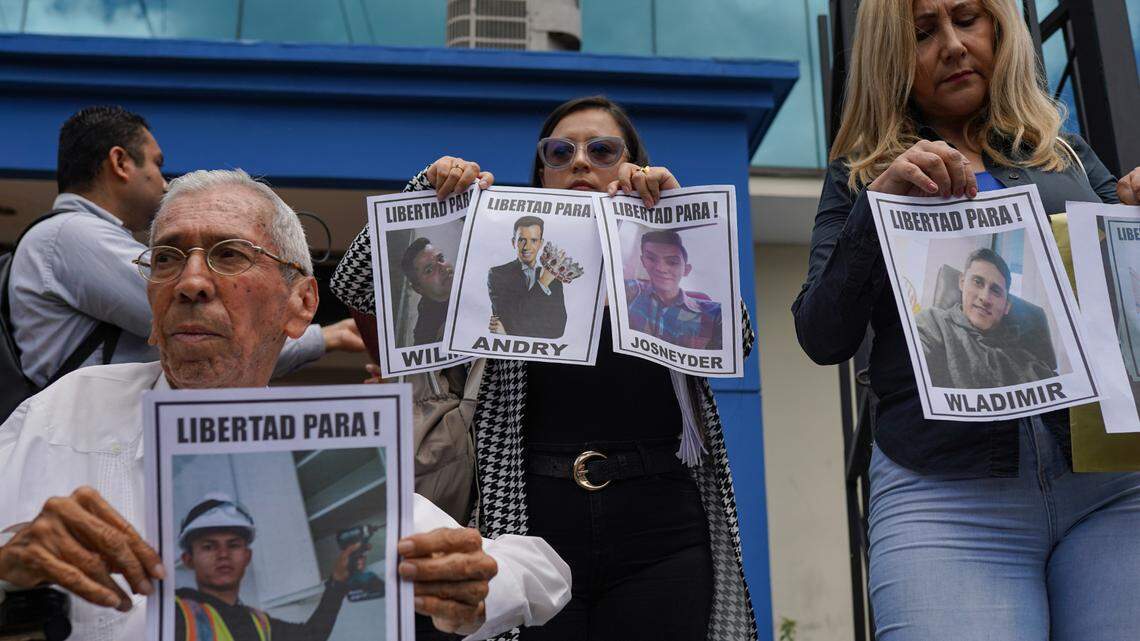 ARCHIVES: Walter Márquez, president of the Fundación El Amparo Internacional, a human rights organization and relatives of detained migrants hold images of Venezuelan detained migrants at the human rights ombudsman’s office accompanied by relatives of Venezuelans deported by the United States to El Salvador. / SOPA Images/Sipa USA)