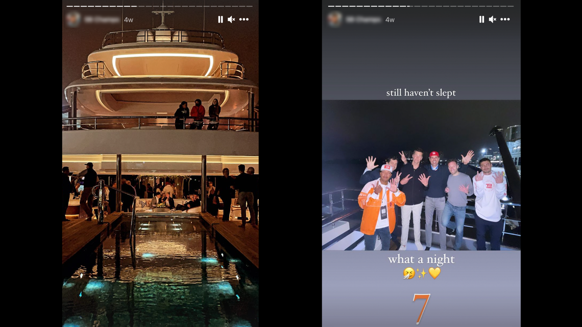 Photos of a Super Bowl after party hosted on billionaire Jeffrey Soffer’s yacht were featured in Instagram stories posted by one of Tom Brady’s personal assistants.