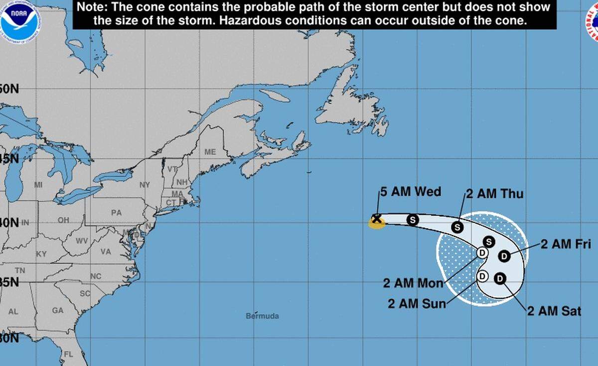 National Hurricane Center’s 7:45 a.m. Aug. 21, 2019 advisory on Tropical Storm Chantal, which is near Nova Scotia.