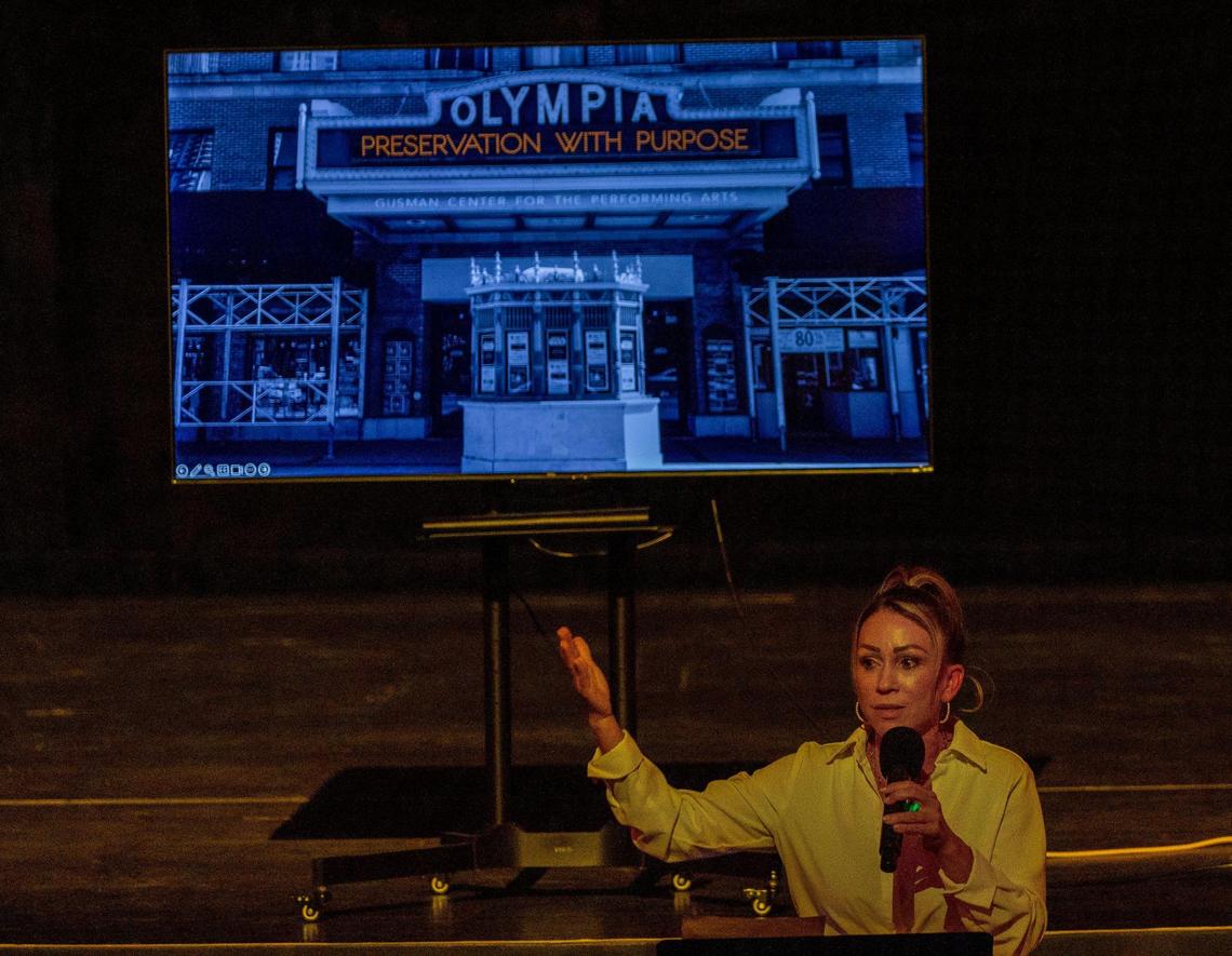 Millie Sanchez, SLAM’s chief administrative officer, speaks during a meeting hosted by the city of Miami to discuss the proposed sale of the Olympia Theater to SLAM on Wednesday, July 16, 2025.
