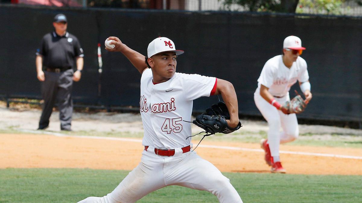 Miami Christian pitcher Jeffred Fermin (45) delivers a pitch against Westminster Academy during regional semifinal baseball game on Saturday, May 11, 2024 at Miami Christian HS in Miami. Andrew Uloza / for Miami Herald