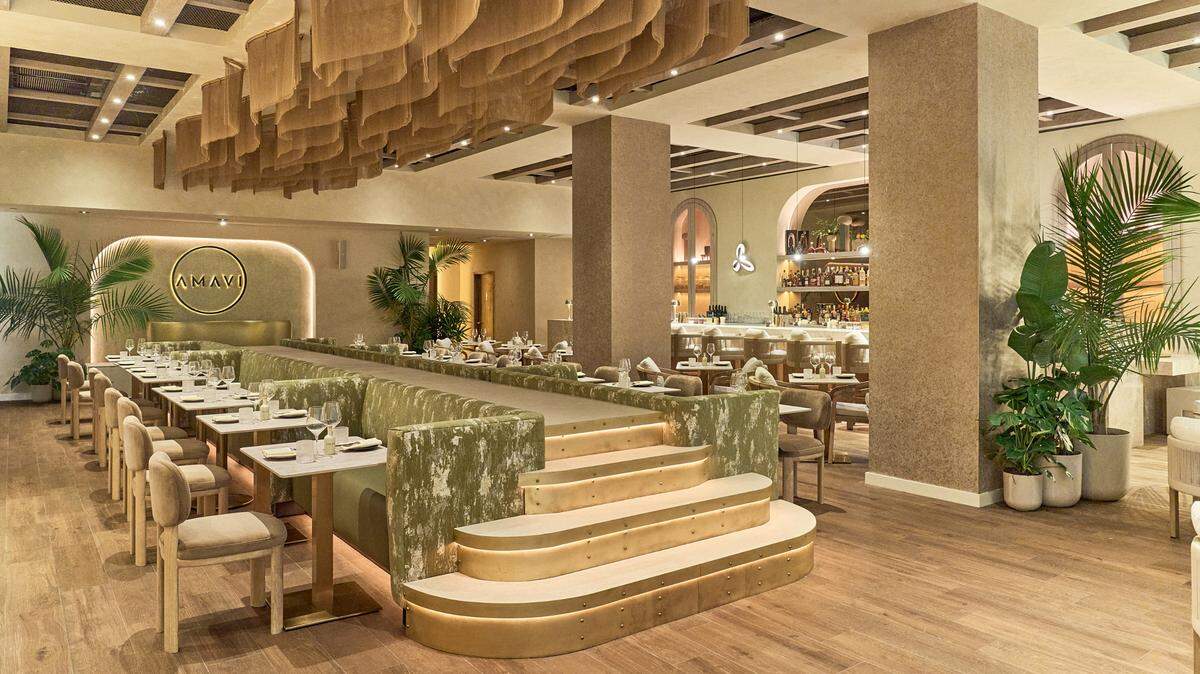 The interior of Amavi Mediterranean restaurant in Midtown Miami.