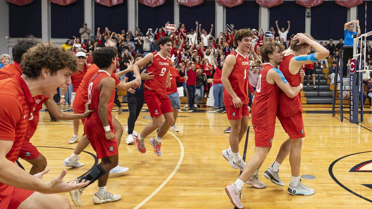 Columbus Explorers celebrate after defeating the Southwest Eagles in their high school volleyball regional final at Christopher Columbus High School on Friday, May 8, 2026, in Miami, Fla.