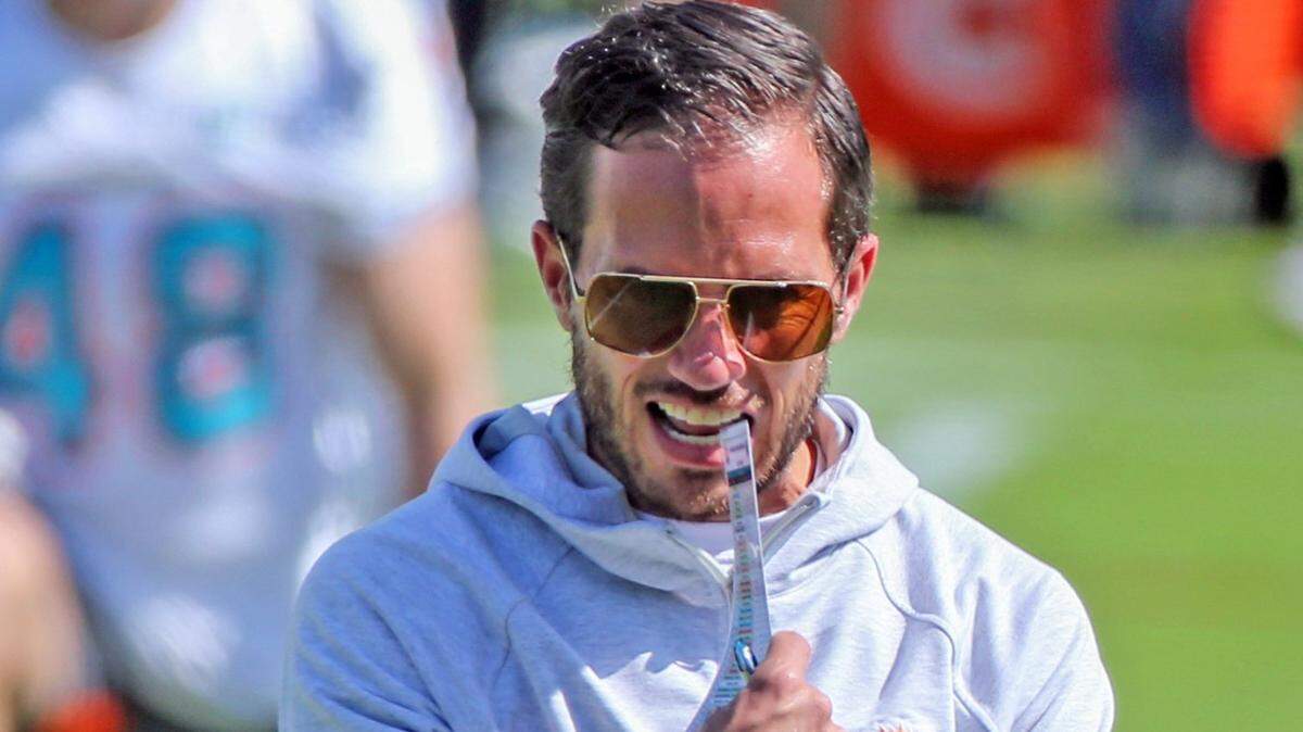 Miami Dolphins head coach Mike McDaniel on the practice field during Dolphins Rookie Minicamp at the Baptist Health Training Complex in Miami Gardens on Saturday, May 14, 2022.