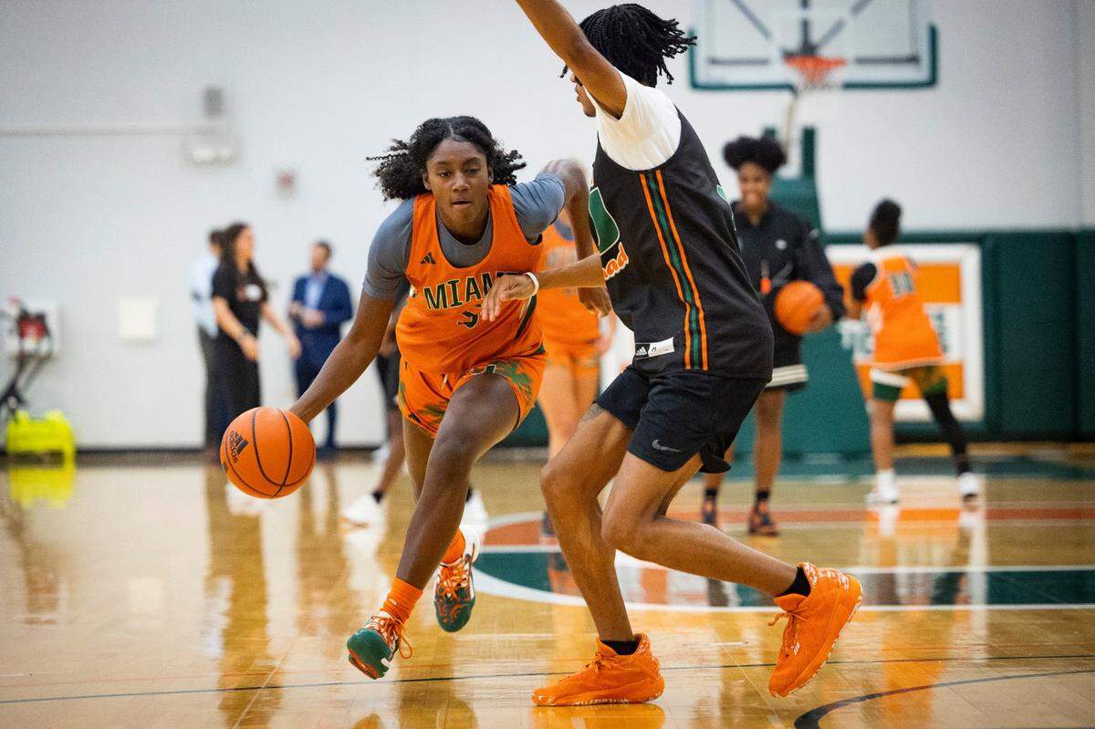 Jaida Patrick (5) dribbles the ball during practice on Monday, Oct. 23, 2023, at the practice facility at Watsco Center in Coral Gables.