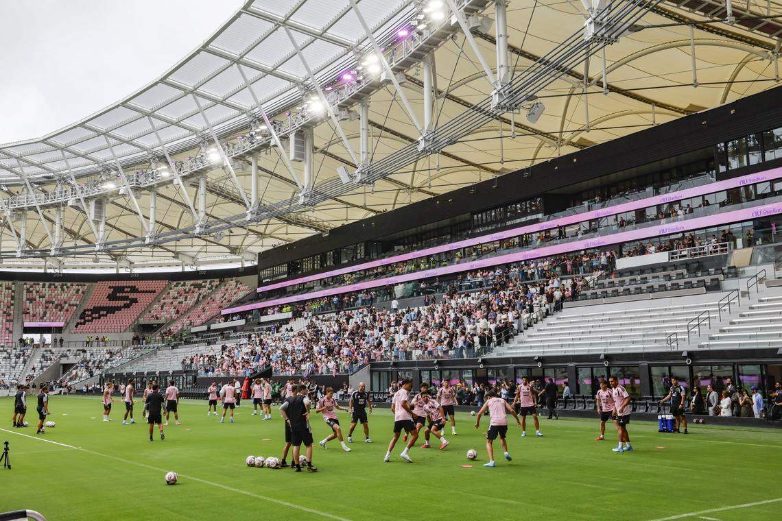 Inter Miami CF players practice as fans look on inside the new 26,700-seat Nu Stadium at Miami Freedom Park on Thursday, April 2, 2026, in Miami.