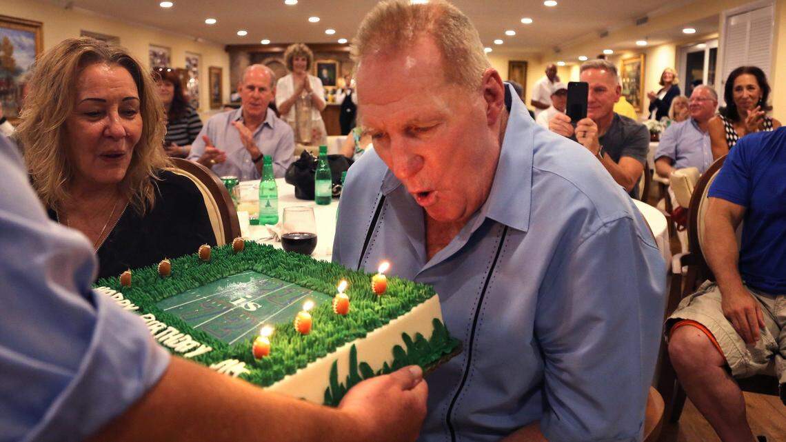 Jim Kiick blows out the candles on his birthday cake. Jim Kiick kicked off his 72th birthday with a birthday party with the attendance of Miami Dolphins NFL Hall of Famers along with many Dolphins greats inside the dining room of the Independence Hall Retirement in Walton Manors, Florida on Thursday, August 9, 2018.