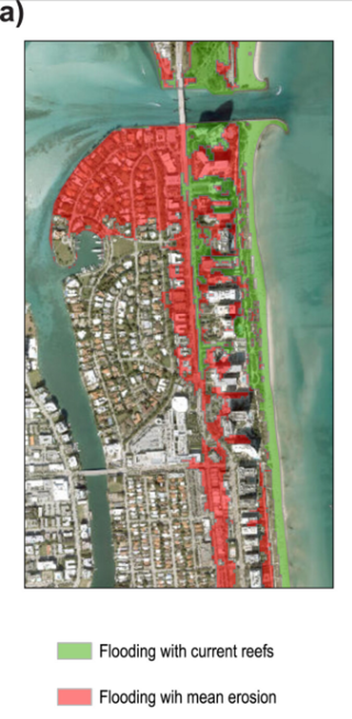 In this graphic, scientists showed which parts of Bal Harbour are at risk from flooding during a current-day hurricane (in green) versus the spots that would potentially be inundated if Florida’s coral reefs fully degrade (in red).