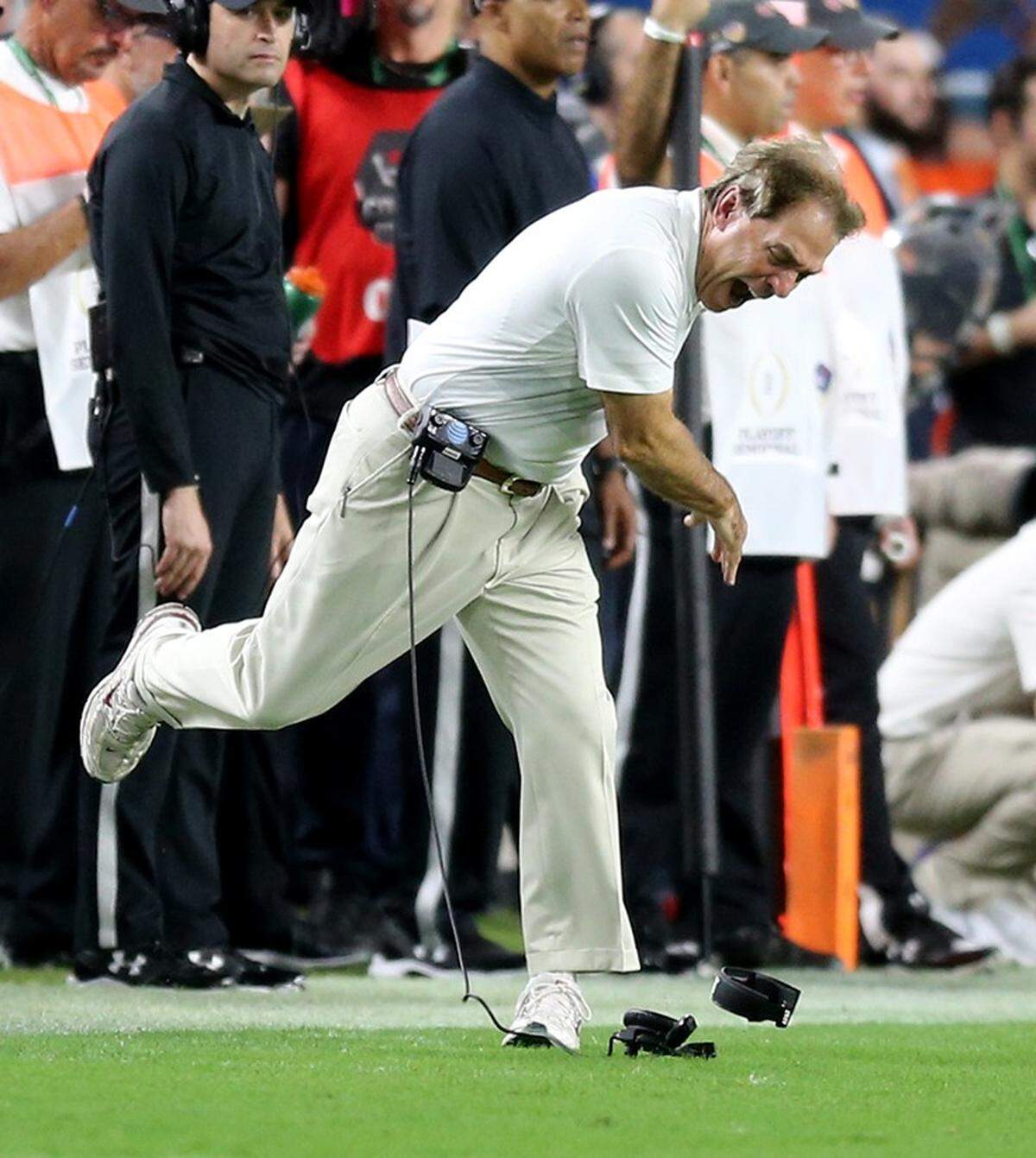 Alabama coach Nick Saban gets upset at the end of the second quarter as they play Oklahoma in the College Football Playoff Semifinal at the Orange Bowl game at Hard Rock Stadium in Miami Gardens, Saturday, December, 29, 2018.