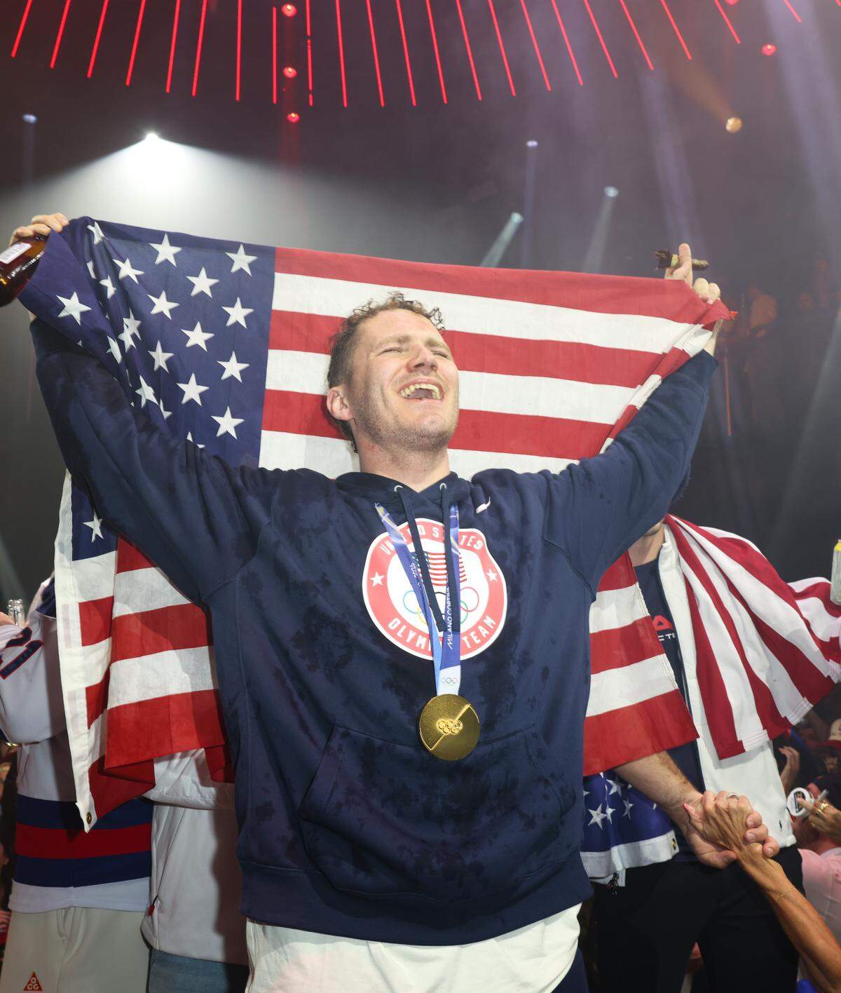 MIAMI, FLORIDA - FEBRUARY 23: Matthew Tkachuk attends a celebration of the USA Men's Hockey Team's Olympic Gold at E11EVEN Miami on February 23, 2026 in Miami, Florida.  (Photo by Alexander Tamargo/Getty Images for E11EVEN Miami)