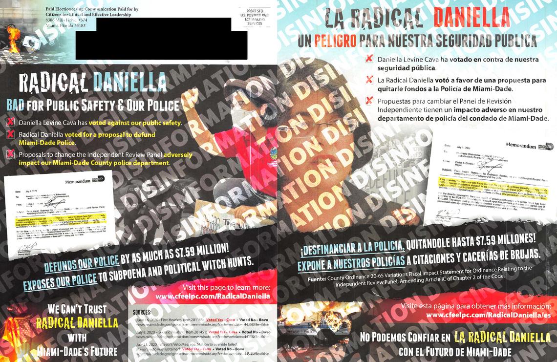 This ad attacking Danielle Levine Cava says she is proposing a $7.59 million reduction in police spending. She isn’t.