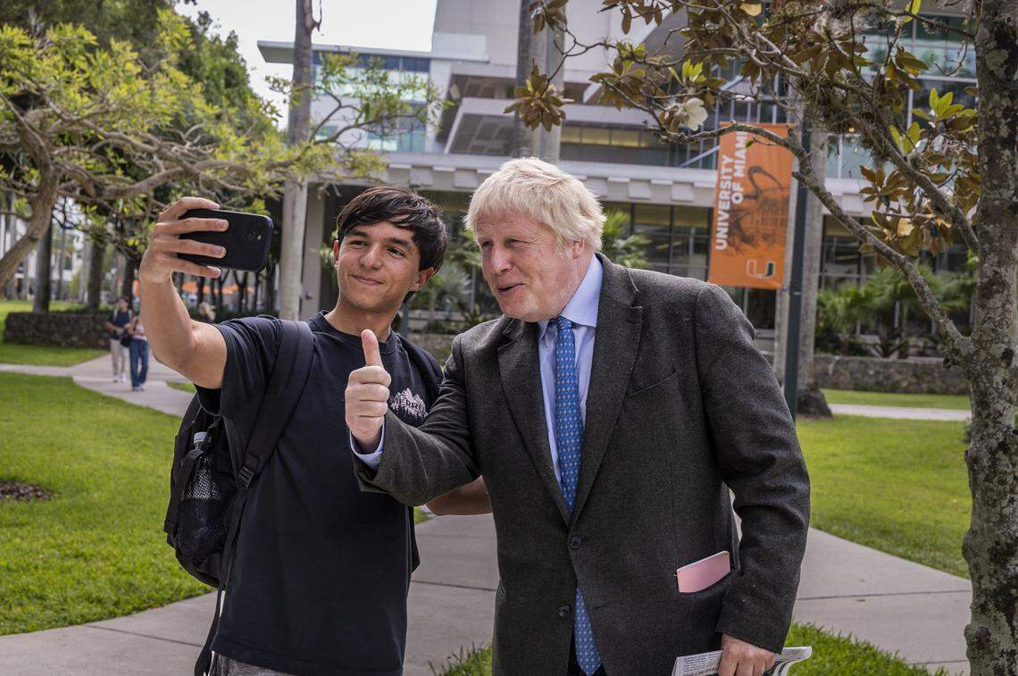 Student Fabio Luengo takes a selfie with Former Great Britain Boris Johnson who joined the University of Miami as a Provost's Visiting Lecturer and Distinguished Arts & Sciences Scholar, for the Spring 2022, on Wednesday, April 22, 2026.