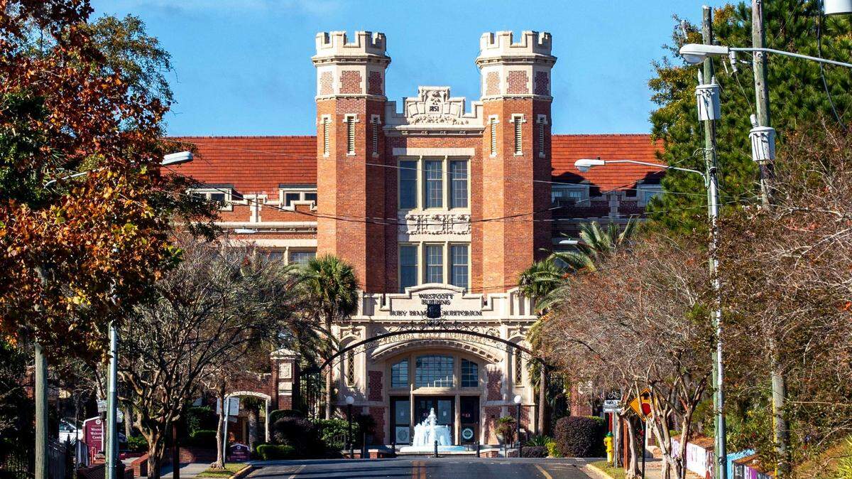 Florida State University’s historic James D. Westcott Building, looking down West College Avenue, in Tallahassee, Florida, on Monday, Dec. 14, 2020.