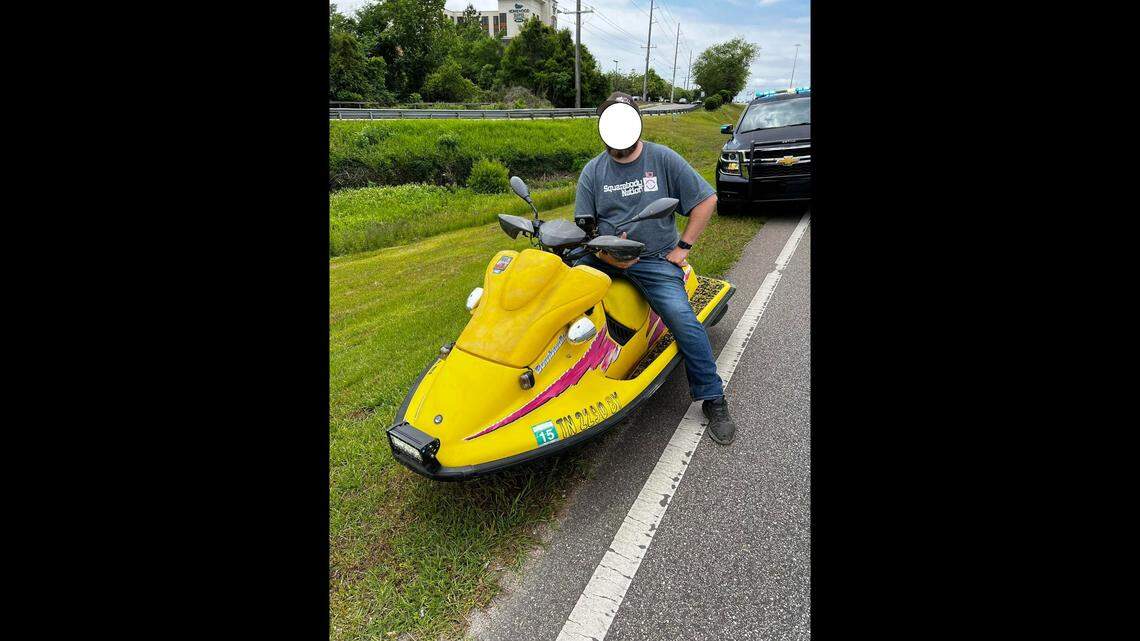 A man driving a jet ski like a motorcycle was pulled over on an Alabama highway and police were surprised to learn the contraption was street legal.