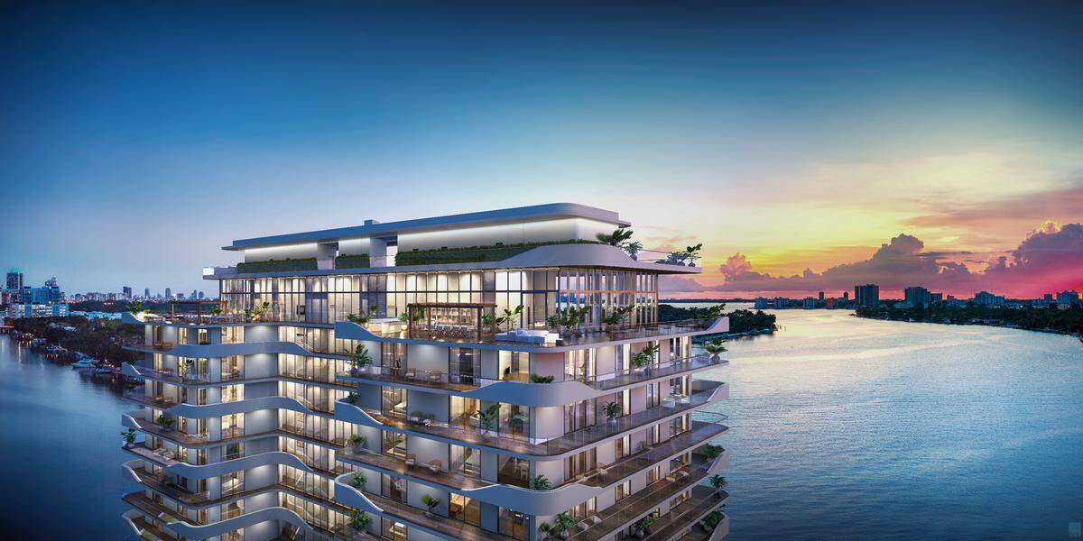 Architectural rendering of the top floors of the planned Monaco Yacht Club luxury residential tower in Indian Creek.