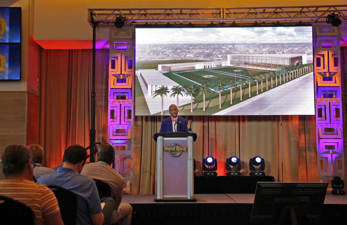 Miami Gardens mayor Oliver G. Gilbert III shares his reaction and thoughts to the Miami Dolphins announcement of moving of its training facility out of Davie to the Hard Rock Stadium in Miami Gardens, Florida on Tuesday, August 7, 2018.