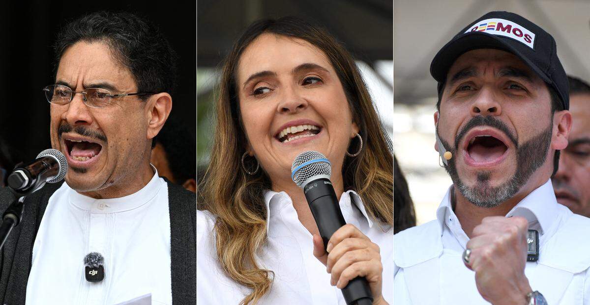 This combination of photos created on May 14, 2026, shows Colombia's presidential candidate from the ruling party Pacto Historico, Ivan Cepeda, delivering a speech during a May Day rally marking International Workers Day in Bogota on May 1, 2026; Colombia's presidential candidate Paloma Valencia, of the Centro Democratico party, speaking during a campaign rally in Rionegro, Antioquia department, Colombia on April 13, 2026; and Colombian presidential candidate for the Defensores de la Patria political movement, Abelardo de la Espriella, gesturing during a campaign rally in Medellin, Colombia on January 28, 2026. Colombia will hold presidential elections on May 31. 
