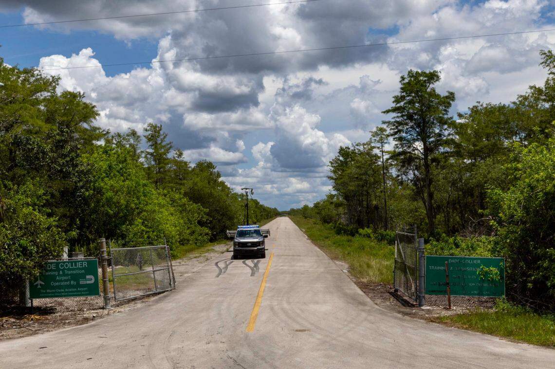 The entrance of the Dade-Collier Training and Transition Airport on Tuesday, June 24, 2025, in Ochopee, Florida.