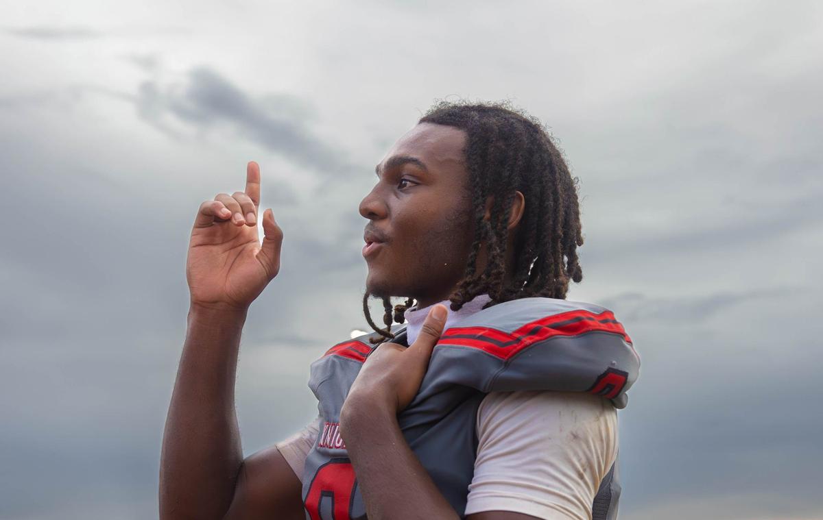 Monarch Knights wide receiver Samari Reed (0) reacts after defeating the Peachtree Ridge Lions in their football game at Coconut Creek High School on Thursday, Aug. 22, 2024, in Coconut Creek, Fla.