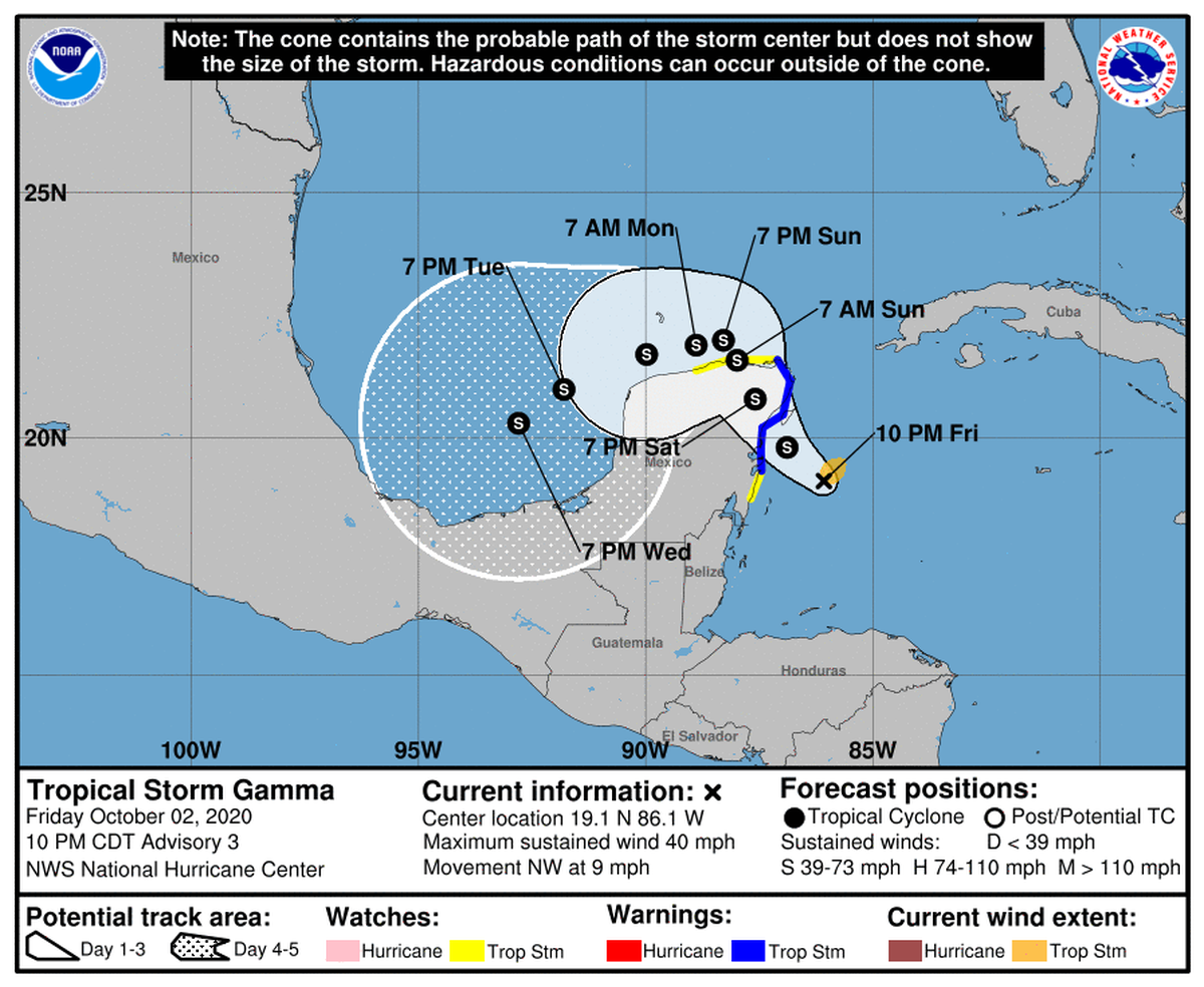 Tropical Storm Gamma has formed southeast of the Yucatan Peninsula, marking the 23rd named storm of the season, according to the National Hurricane Center. It is forecast to strengthen before hitting the Yucatan Peninsula Saturday.