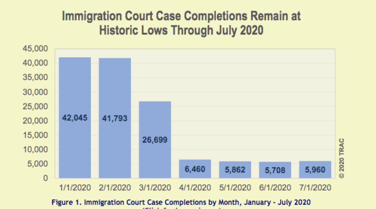 Immigration Court Case Completions by Month, January - July 2020.
