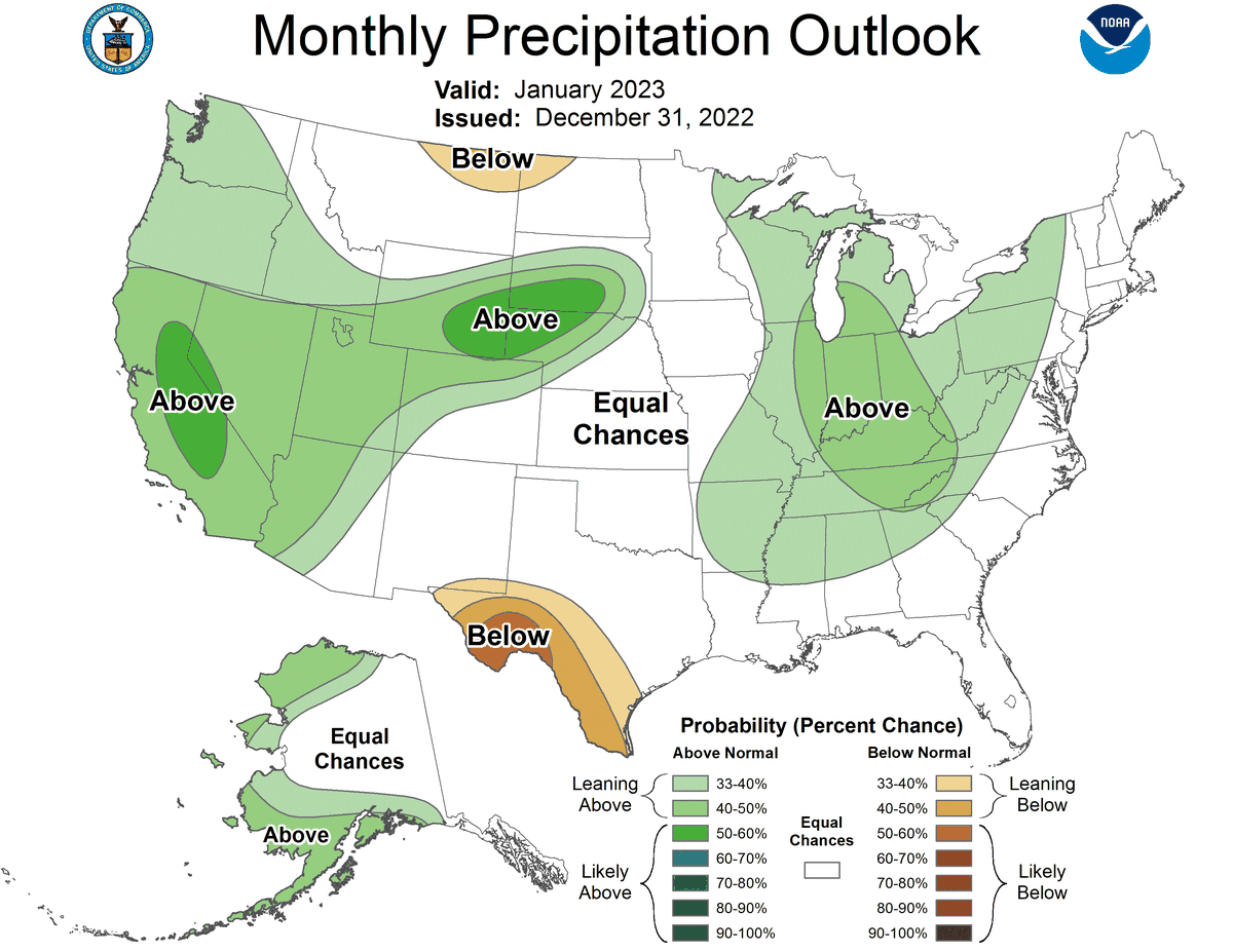 NOAA’s monthly rain chances for January 2023 finds Florida running between above and below normal with even chances.