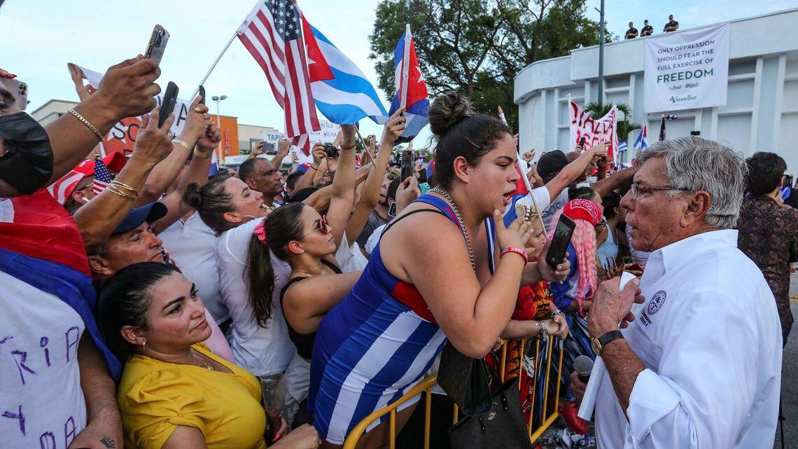City of Miami Commissioner Manolo Reyes joins activists during a rally on Calle Ocho near Versailles Restaurant in Miami’s Little Havana neighborhood on Wednesday, July 14, 2021. The rally was held in solidarity with the protests happening in Cuba.