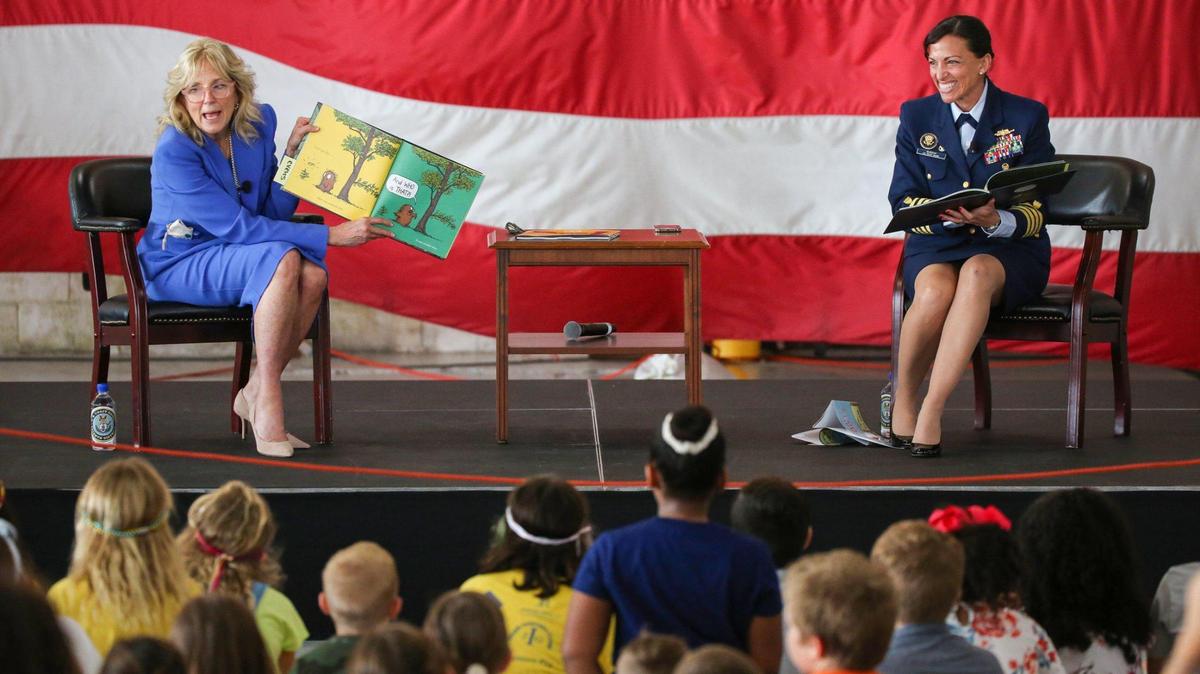 First lady Jill Biden and U.S. Coast Guard Capt. Jo-Ann Burdian read ‘Norman Didn’t Do It!: (Yes, He Did.)’ by author Ryan T. Higgins at the U.S. Coast Guard Air Station Miami in Opa-locka on Friday, Feb. 18, 2022. The book reading event in partnership with Disney and Blue Star Families is an effort to bring ‘Blue Star Books’ to military families, as part of the White House’s Joining Forces initiative.