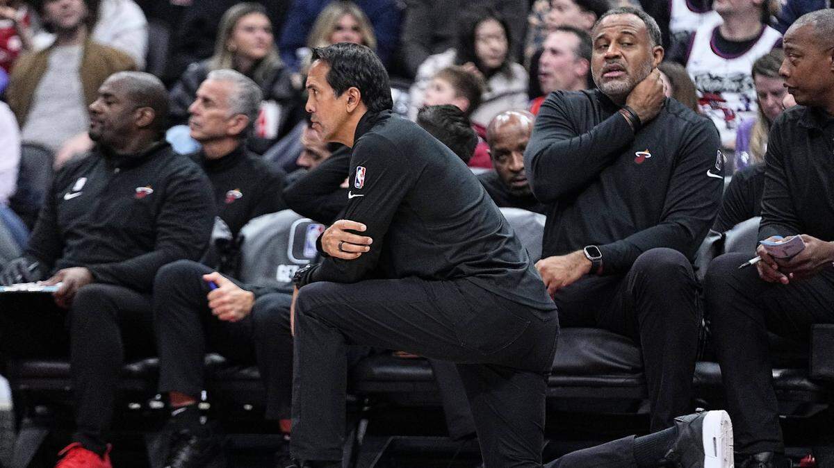 Miami Heat head coach Erik Spoelstra looks on against the Toronto Raptors during the second half at Scotiabank Arena.