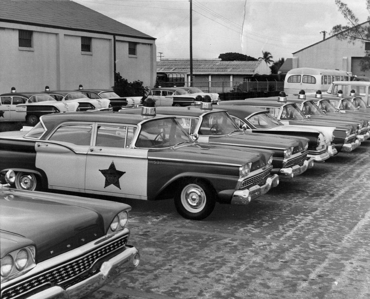 Miami-Dade County police cars in the motor pool in 1959.