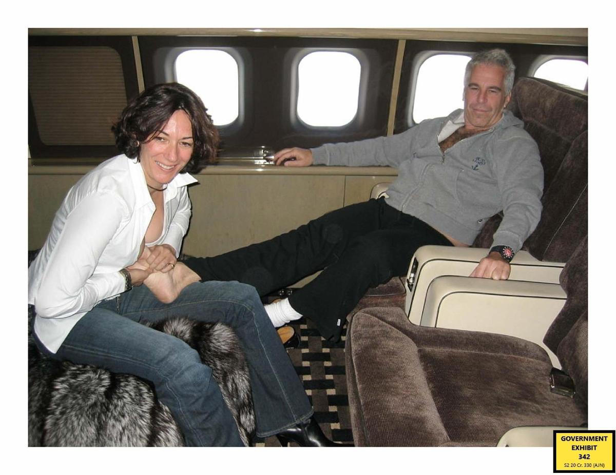 A photograph of Ghislaine Maxwell giving Jeffrey Epstein a foot massage introduced as evidence at Maxwell’s trial on sex trafficking charges.