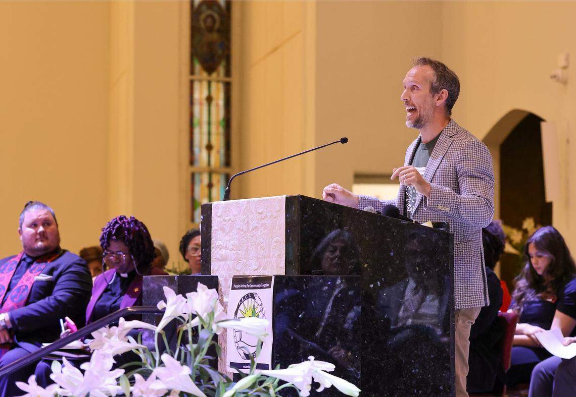 Attorney Adam Saper gives his testimony in support of the Center for Mental Health and Recovery as nearly 800 residents gathered at the Corpus Christi Catholic Church to demand solutions from Miami-Dade County elected officials on the issues of mental health and affordable housing.