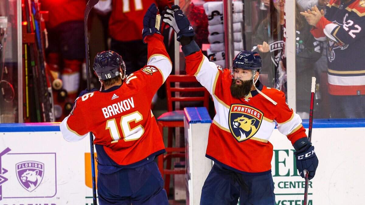 Florida Panthers center Aleksander Barkov (16) celebrates with teammate Radko Gudas (7) after deafting the Columbus Blue Jackets 9-2 during an NHL game at FLA Live Arena in Sunrise, Florida, on Saturday, January 15, 2022.
