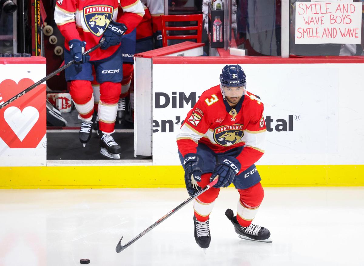 Florida Panthers defenseman Seth Jones (3) steps out onto the ice for the warmups for the first time on Monday, March 3, 2025, at Amerant Bank Arena in Sunrise, Fla. Jones was traded to the Florida Panthers over the weekend.