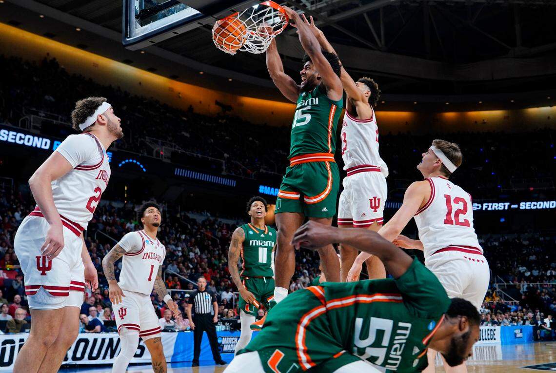 Mar 19, 2023; Albany, NY, USA; Miami (Fl) Hurricanes forward Norchad Omier (15) dunks against the Indiana Hoosiers during the first half at MVP Arena. Mandatory Credit: Gregory Fisher-USA TODAY Sports