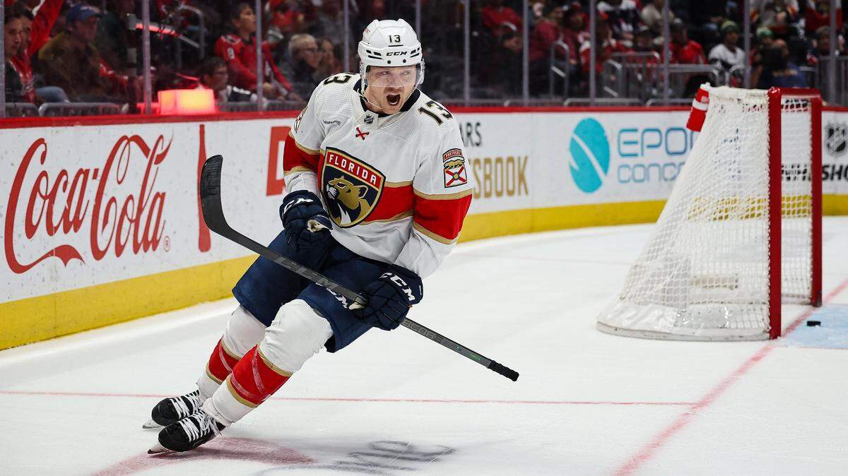 The Florida Panthers’ Sam Reinhart celebrates after scoring an empty-net goal against the Washington Capitals during the third period at Capital One Arena on Saturday, April 8, 2023, in Washington, D.C. (Scott Taetsch/Getty Images/TNS)