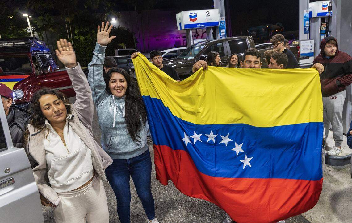 Venezuelans exiles living in South Florida celebrated outside of El Arepazo in Doral, Florida, after the United States attacked Venezuela and captured Venezuelan leader Nicolás Maduro,  on Jan. 3, 2026.