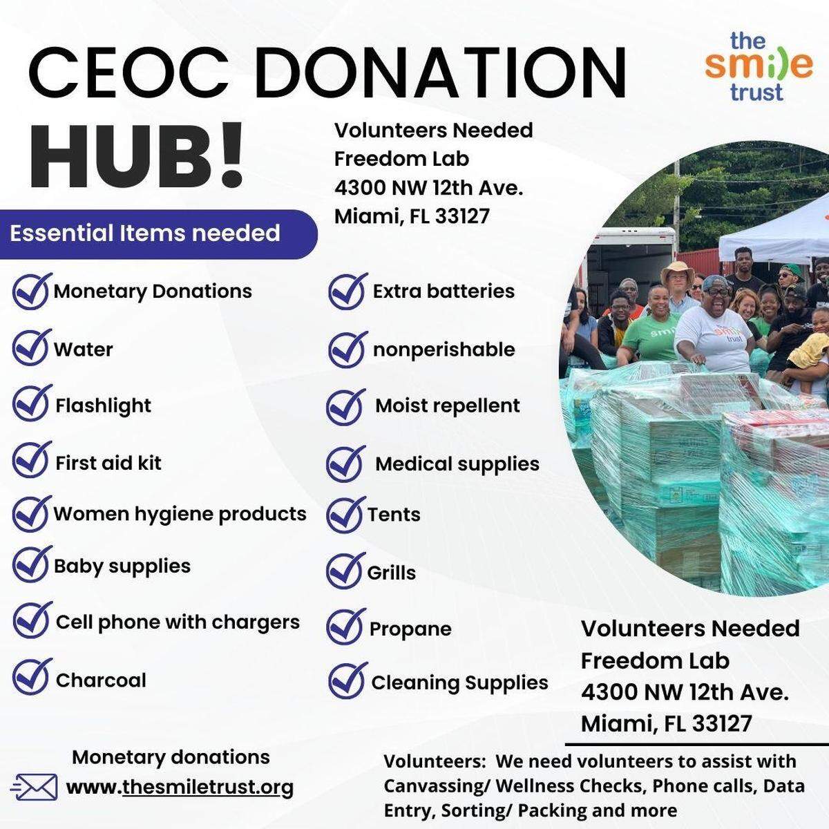 A flyer by The Smile Trust, a Miami nonprofit, lists items people can donate to help relief efforts in the aftermath of Hurricane Milton.