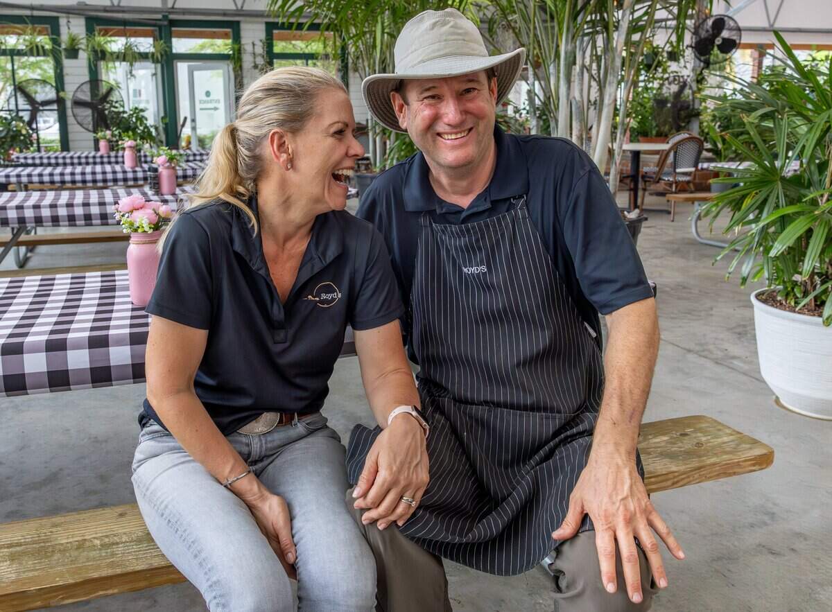 Founder and patron chef Royd Lemus and co-founder Maribel Lemus laugh inside Royd's in Miami, Florida, on Friday, May 29, 2026.