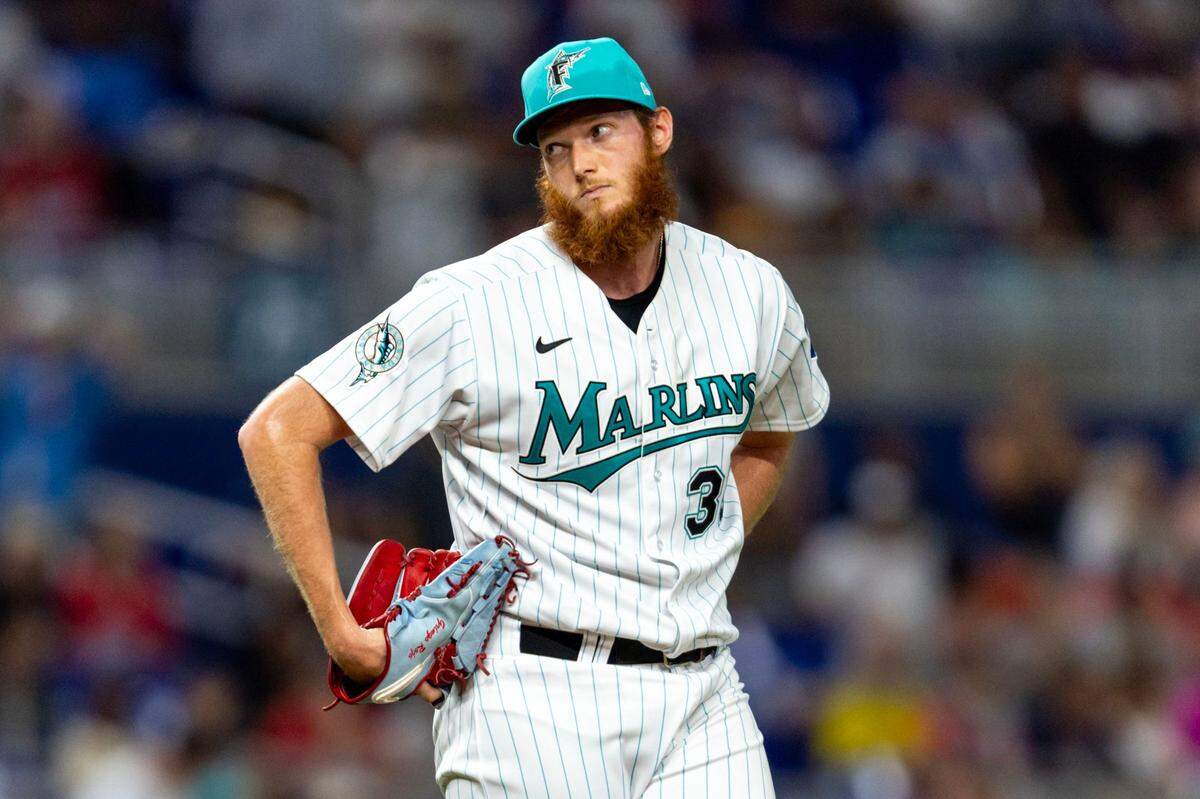 Miami Marlins pitcher A.J. Puk (35) reacts to a homerun by Philadelphia Phillies batter Cristian Pache (19) during the ninth inning of an MLB game at loanDepot park in the Little Havana neighborhood of Miami, Florida, on Friday, July 7, 2023.